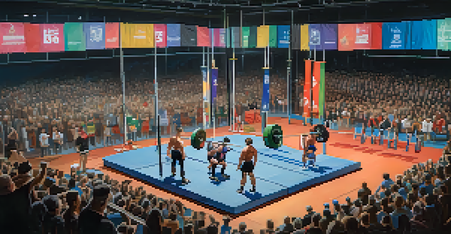 An overhead view of a powerlifting competition with lifters performing at various stations.