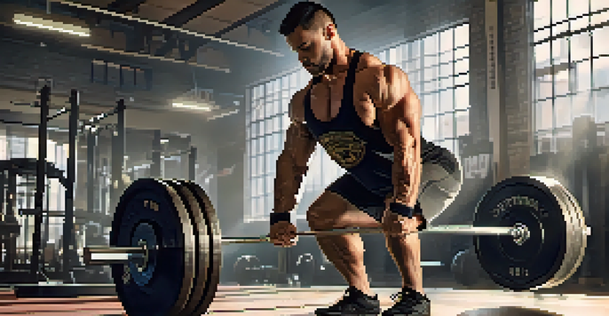 A powerlifter lifting a barbell with correct form in a well-lit gym, emphasizing focus and determination.