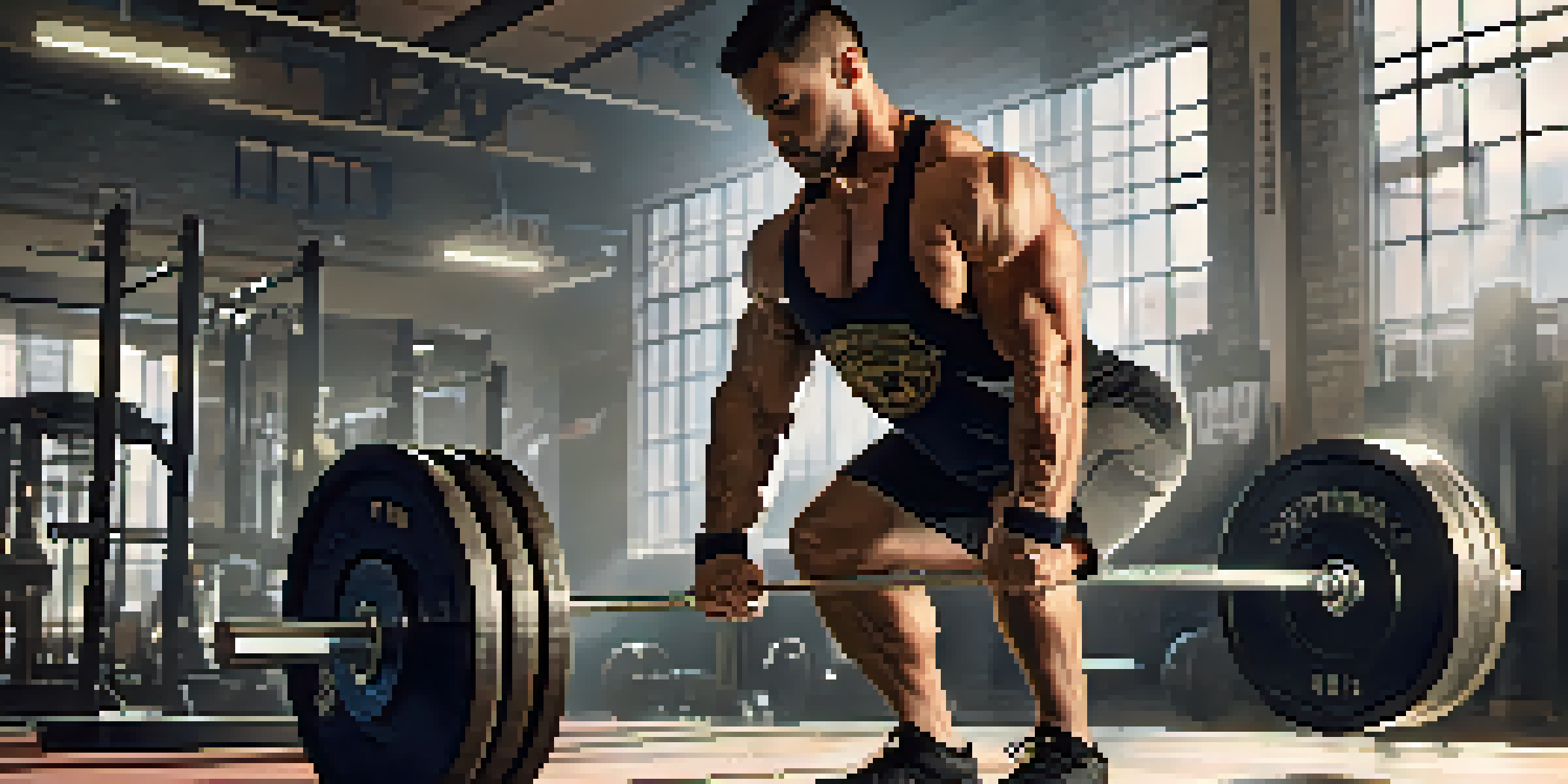 A powerlifter lifting a barbell with correct form in a well-lit gym, emphasizing focus and determination.