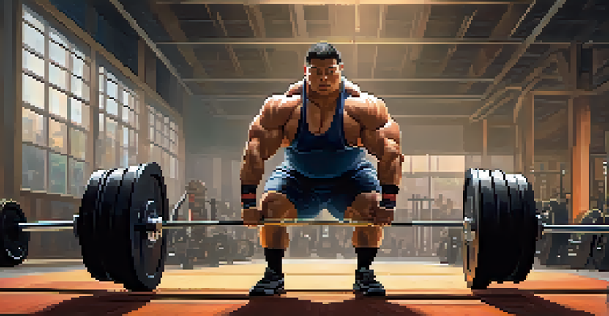 A powerlifter in a gym, executing a sumo deadlift with a focused expression and proper form.