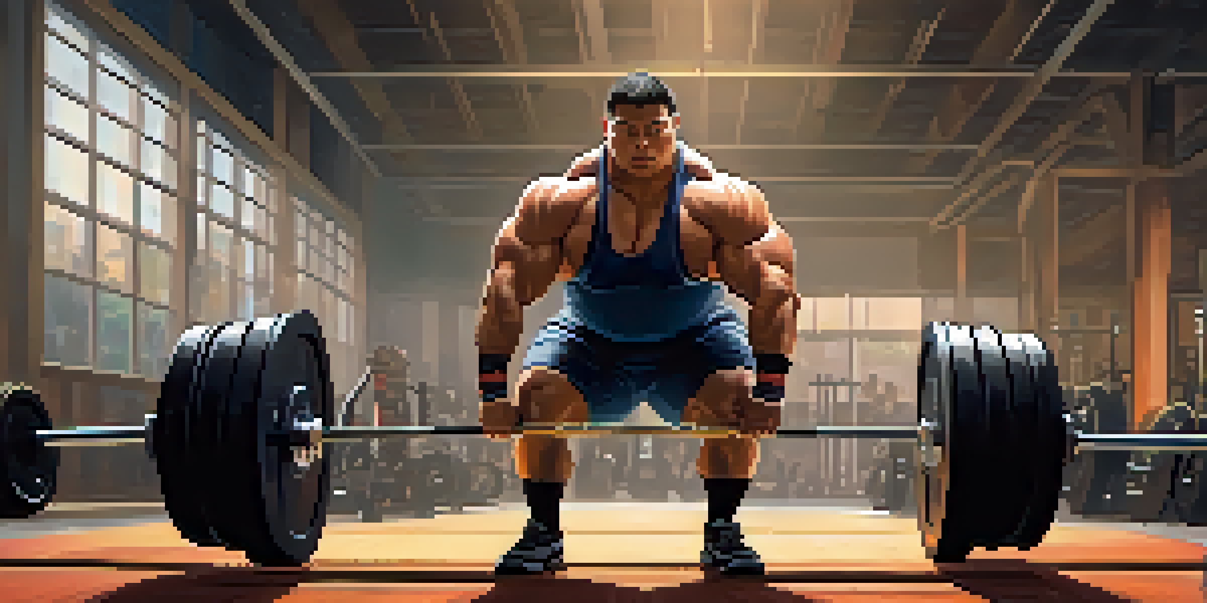 A powerlifter in a gym, executing a sumo deadlift with a focused expression and proper form.