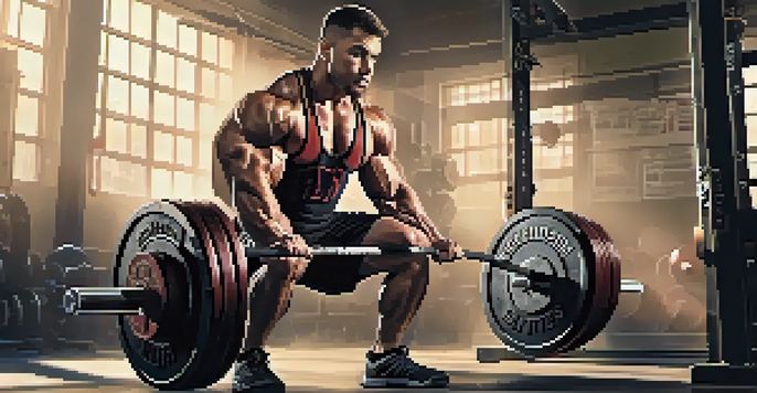 A powerlifting athlete squatting with a heavy barbell in a gym, showcasing strength and determination.