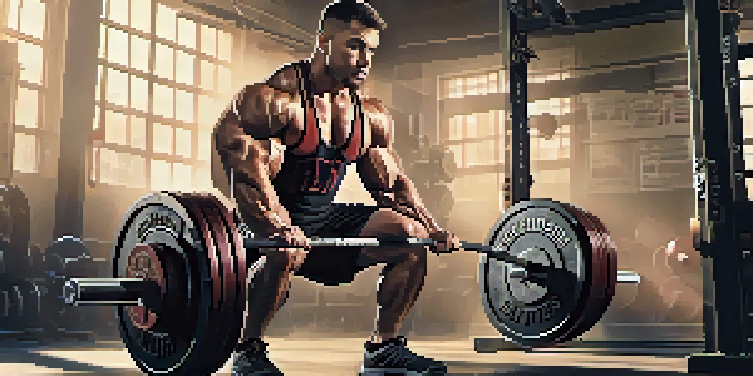 A powerlifting athlete squatting with a heavy barbell in a gym, showcasing strength and determination.
