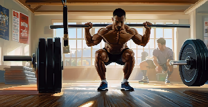 A weightlifter executing a deep squat in a gym, demonstrating correct form and technique, with sunlight illuminating the scene.