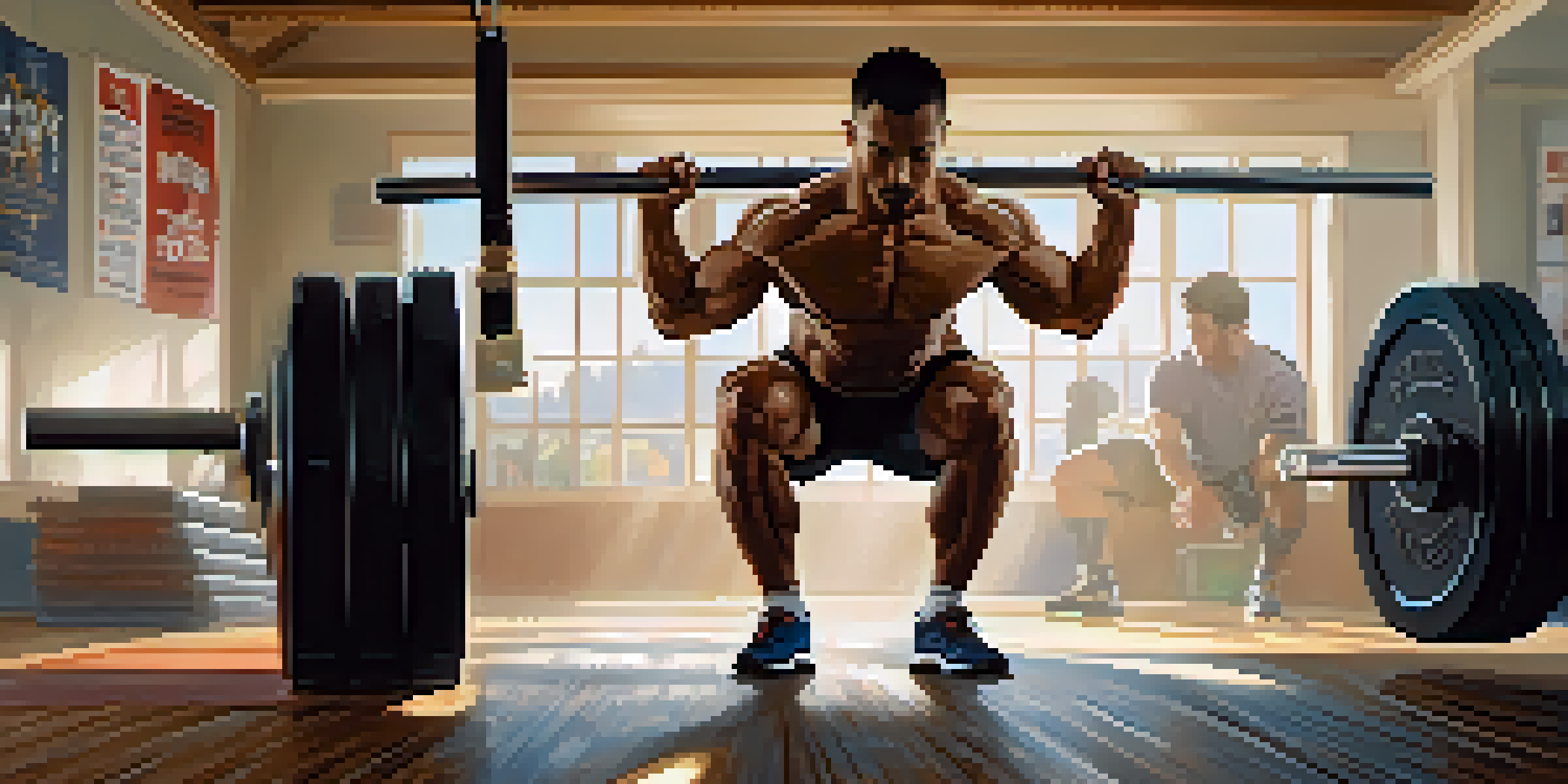 A weightlifter executing a deep squat in a gym, demonstrating correct form and technique, with sunlight illuminating the scene.