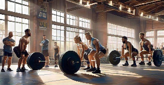 A diverse group of athletes training together in a gym, focusing on perfect squat form with a coach providing guidance.