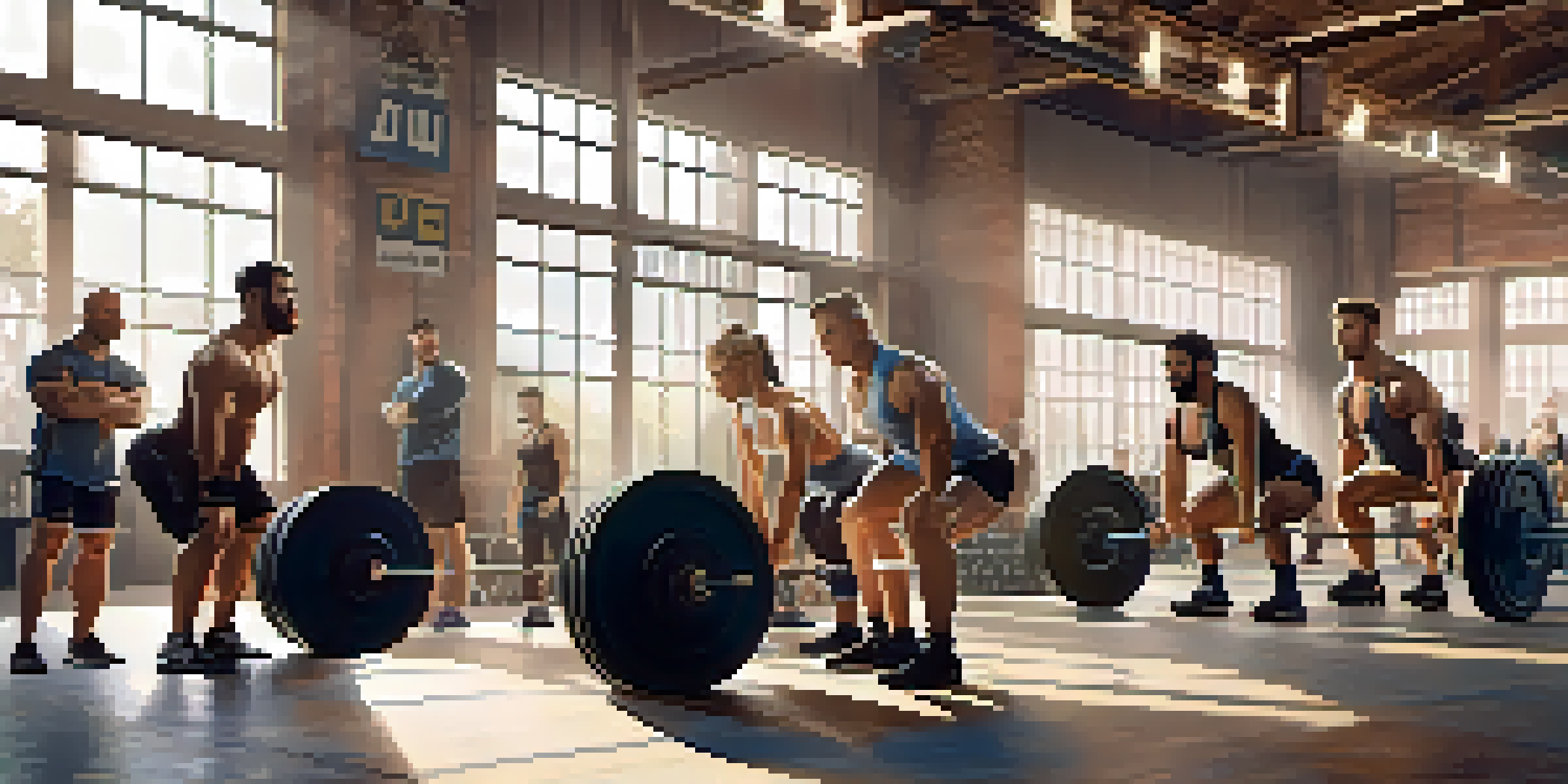 A diverse group of athletes training together in a gym, focusing on perfect squat form with a coach providing guidance.