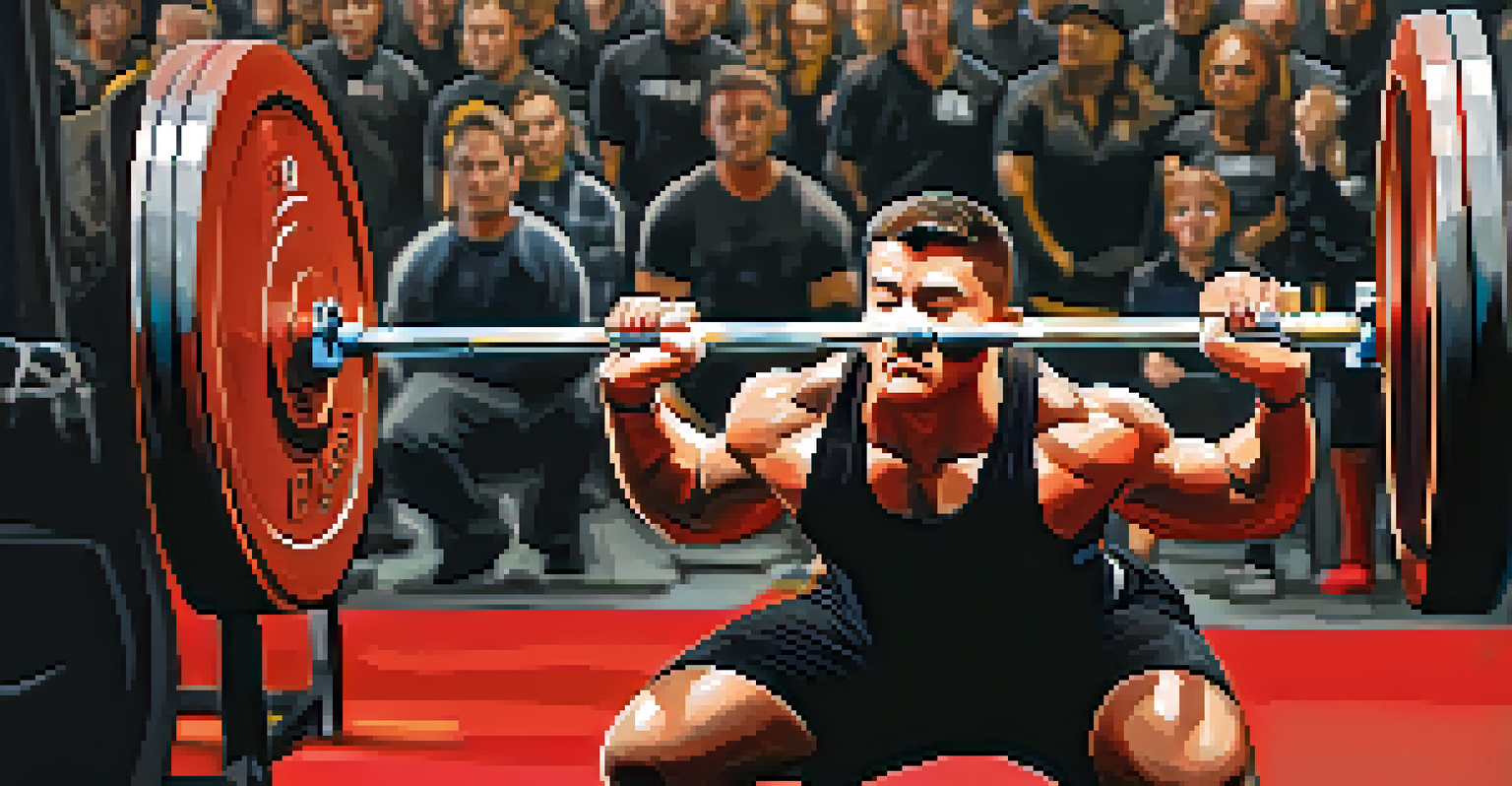 Close-up of a powerlifter preparing to lift in a competition, with spectators cheering and spotlights illuminating the intense moment.