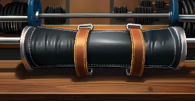 A close-up view of a leather powerlifting lifting belt on a gym bench, with a barbell and weights blurred in the background.