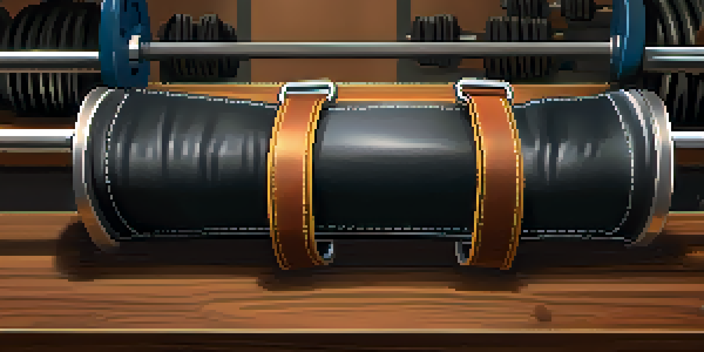 A close-up view of a leather powerlifting lifting belt on a gym bench, with a barbell and weights blurred in the background.