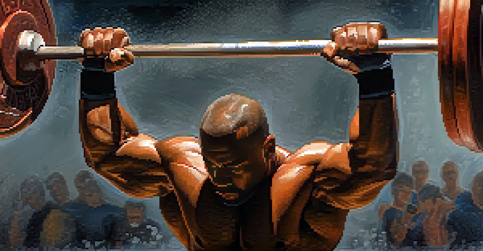 A close-up of a powerlifter's hands gripping a barbell, with chalk dust in the air and gym equipment blurred in the background.