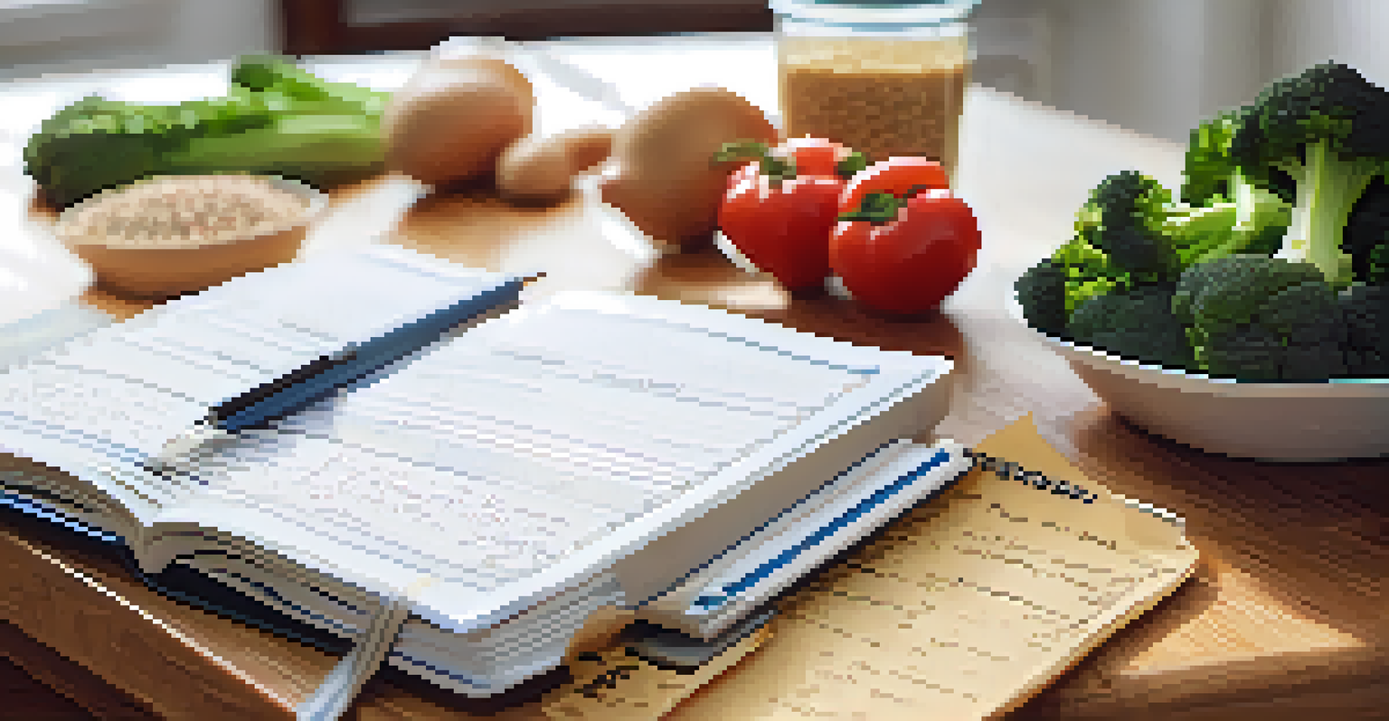 A close-up of a nutrition journal with notes, a plate of healthy food, and a measuring tape on a kitchen table, emphasizing dietary tracking.