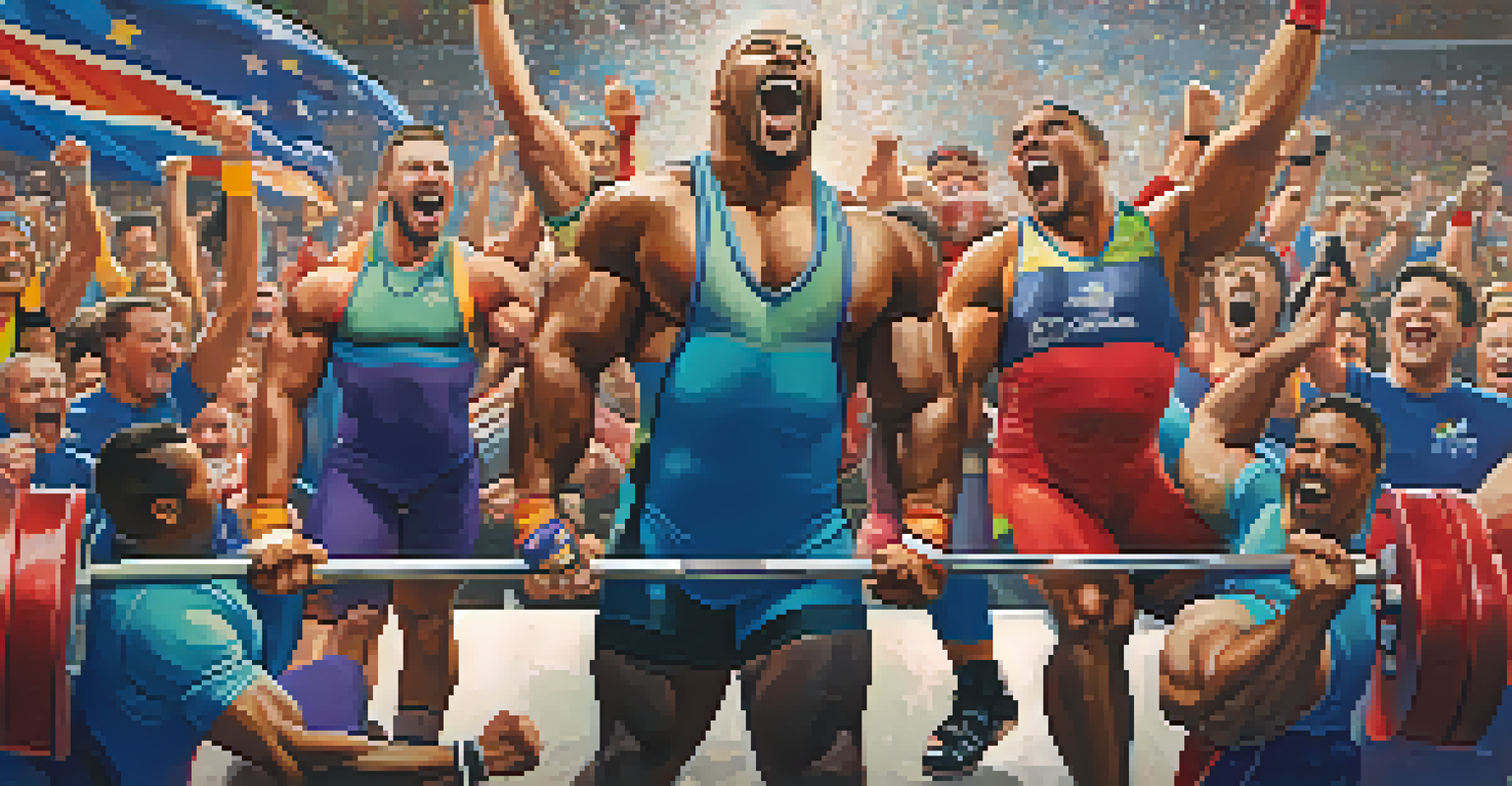 A powerlifting team celebrates a successful lift at a competition, with expressions of joy and camaraderie.