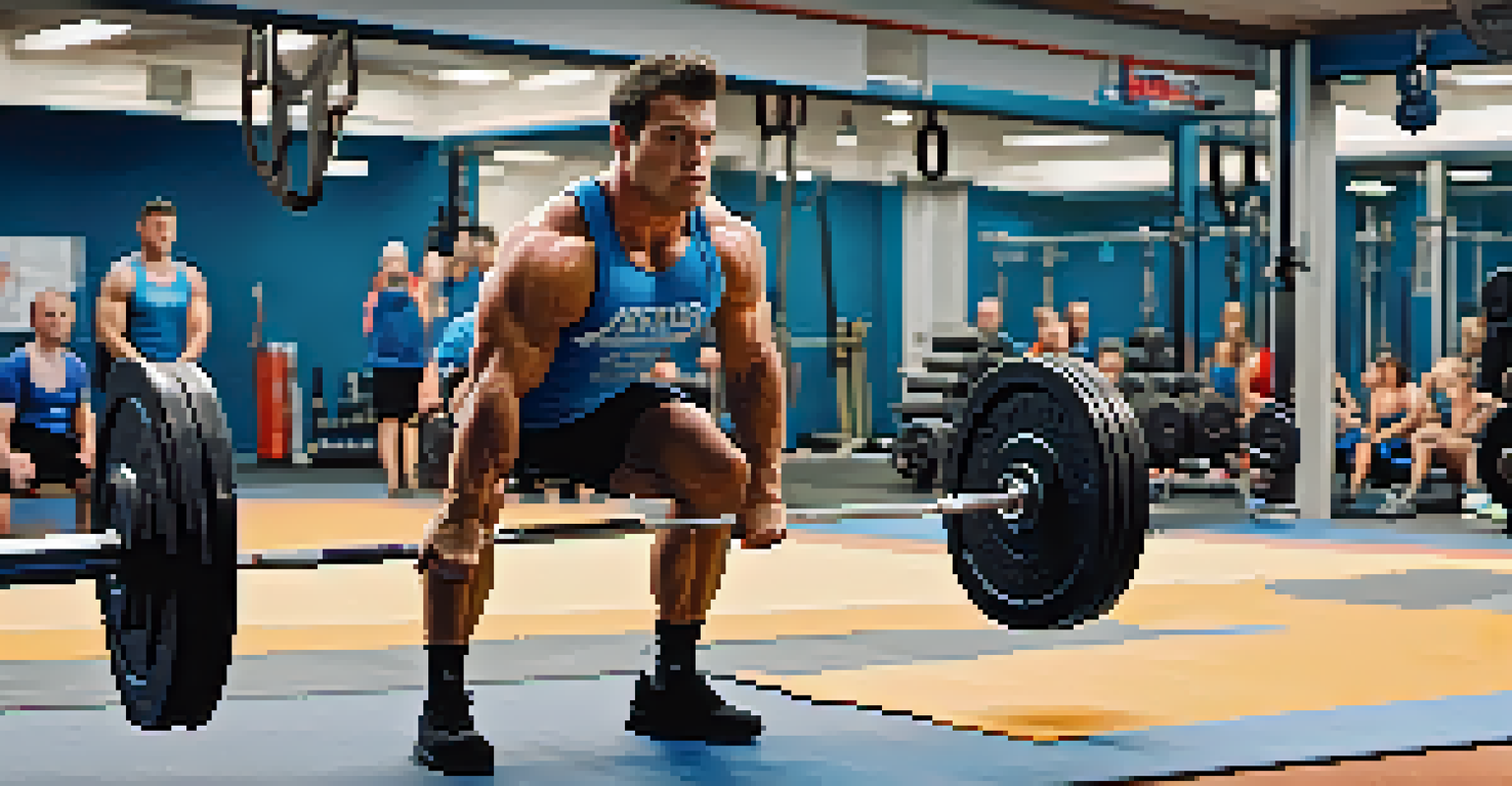 A powerlifter executing a deadlift in a gym, demonstrating proper lifting form with weights in the background.