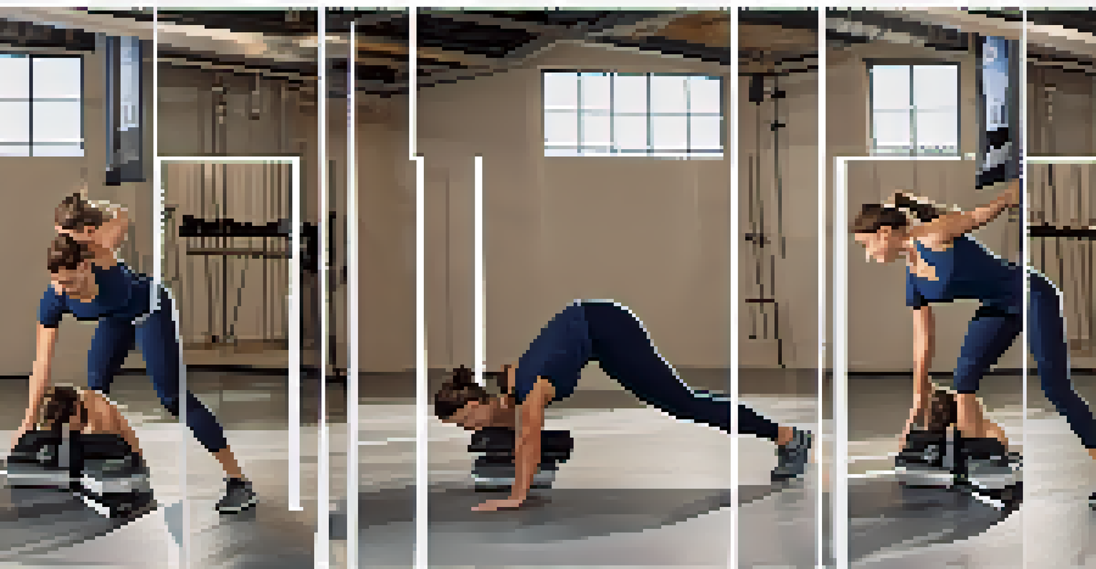 An instructional image with three panels showing how to properly perform the floor press, including setup and movement.