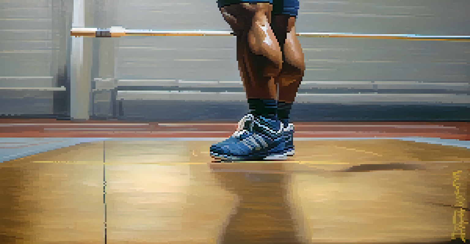 Close-up of a powerlifter's feet in a squat position highlighting the importance of ankle mobility, with gym floor texture in view.