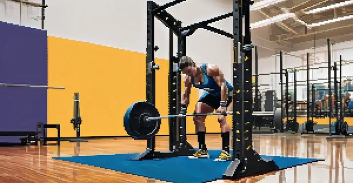A powerlifting athlete standing on a scale in a gym, displaying a mix of anxiety and determination, with weights in the background.