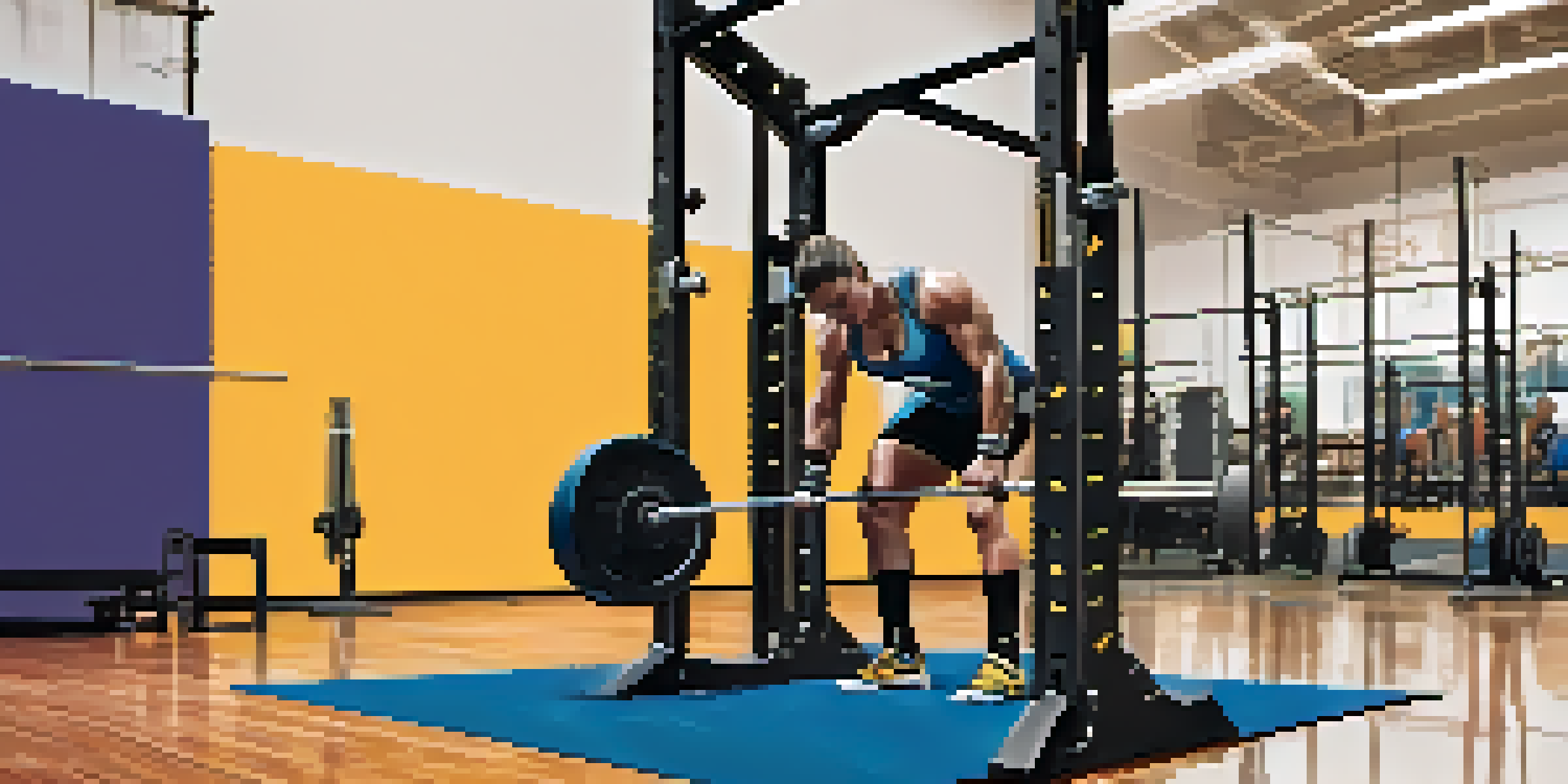 A powerlifting athlete standing on a scale in a gym, displaying a mix of anxiety and determination, with weights in the background.