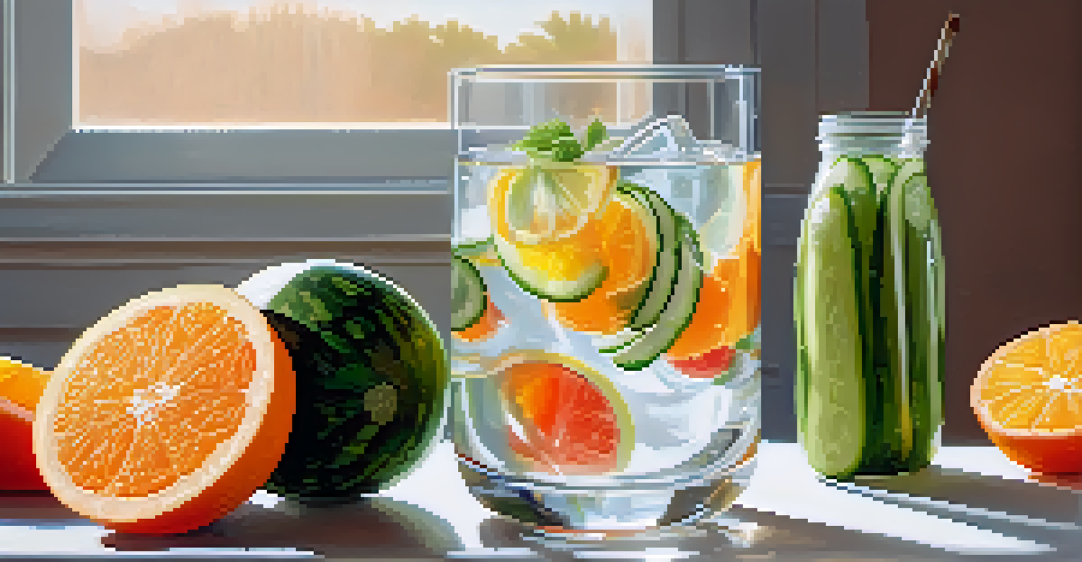 A clear glass of water surrounded by cucumber, orange, and watermelon slices in a bright kitchen with sunlight streaming in.