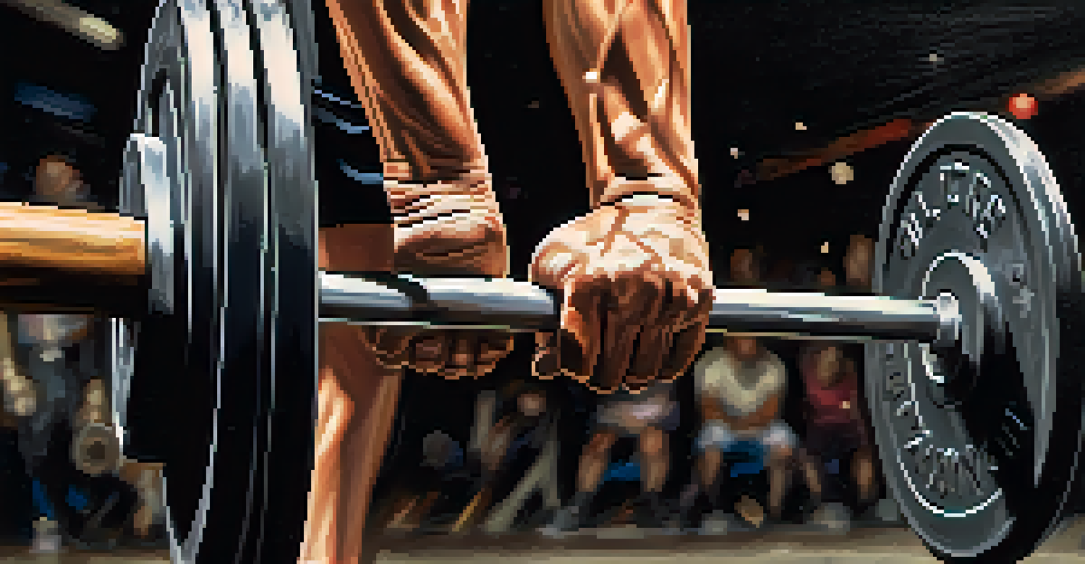 A close-up of chalk-dusted hands gripping a barbell, with a blurred gym background.