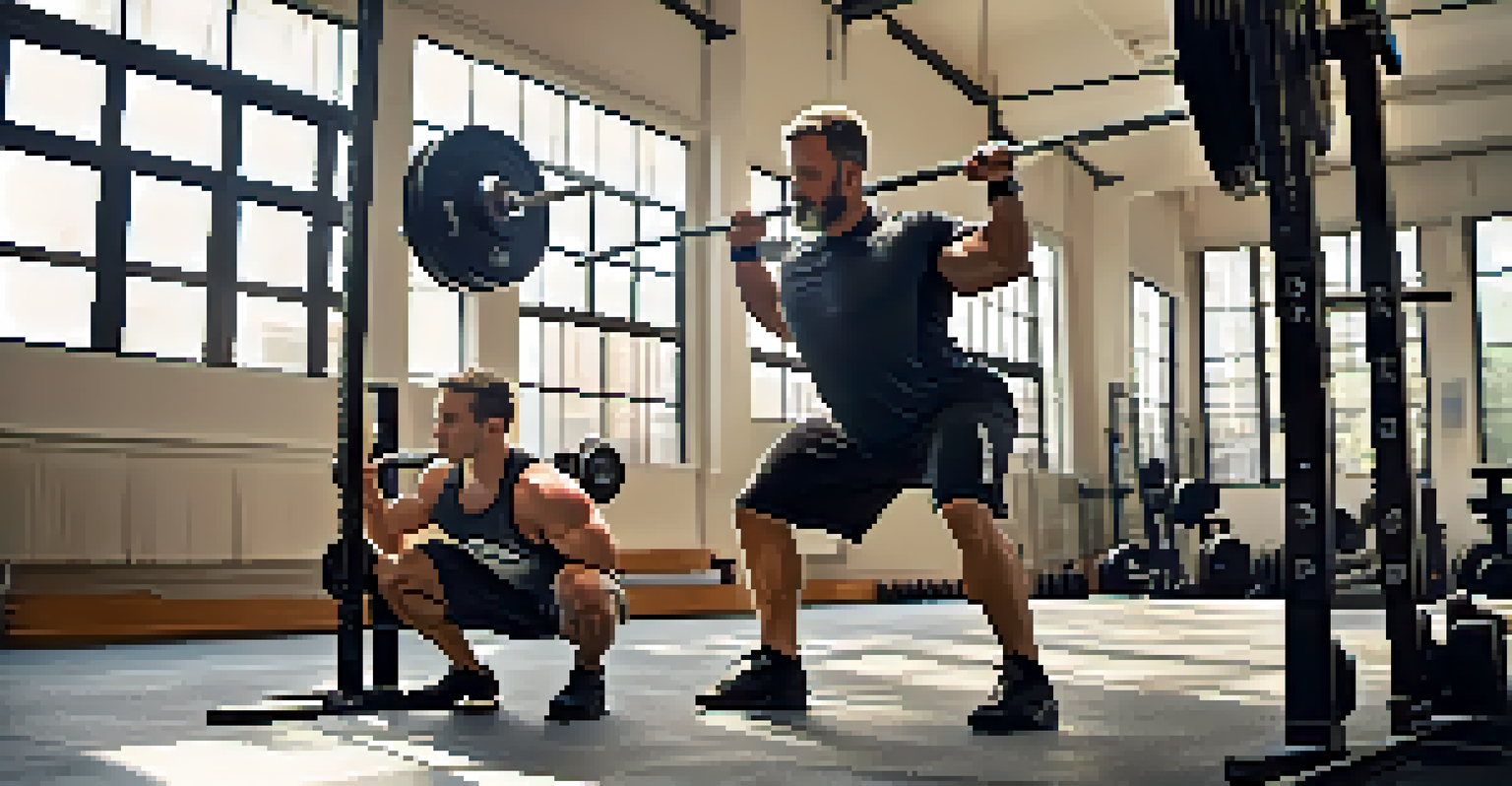 An experienced coach demonstrating proper squat technique to a beginner in a well-lit powerlifting gym.