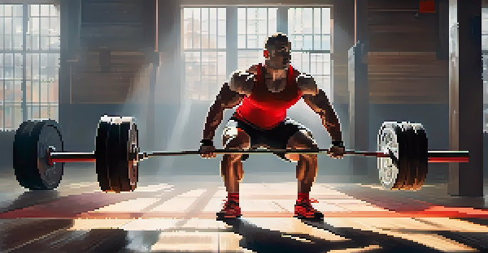 A powerlifter performing a deadlift in a bright gym with motivational posters and sunlight streaming through windows.