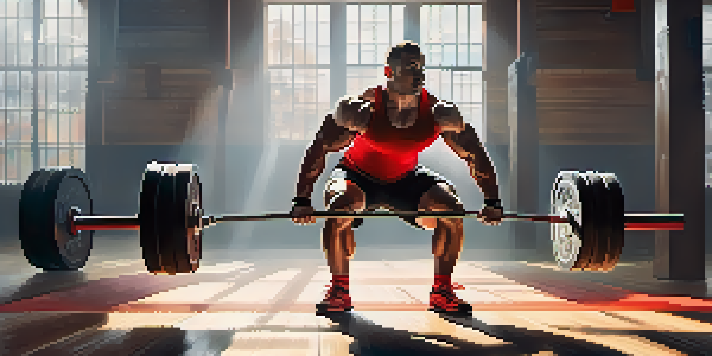 A powerlifter performing a deadlift in a bright gym with motivational posters and sunlight streaming through windows.