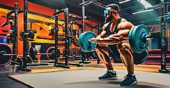 A powerlifter in a gym with augmented reality glasses, receiving digital feedback on their squat form.