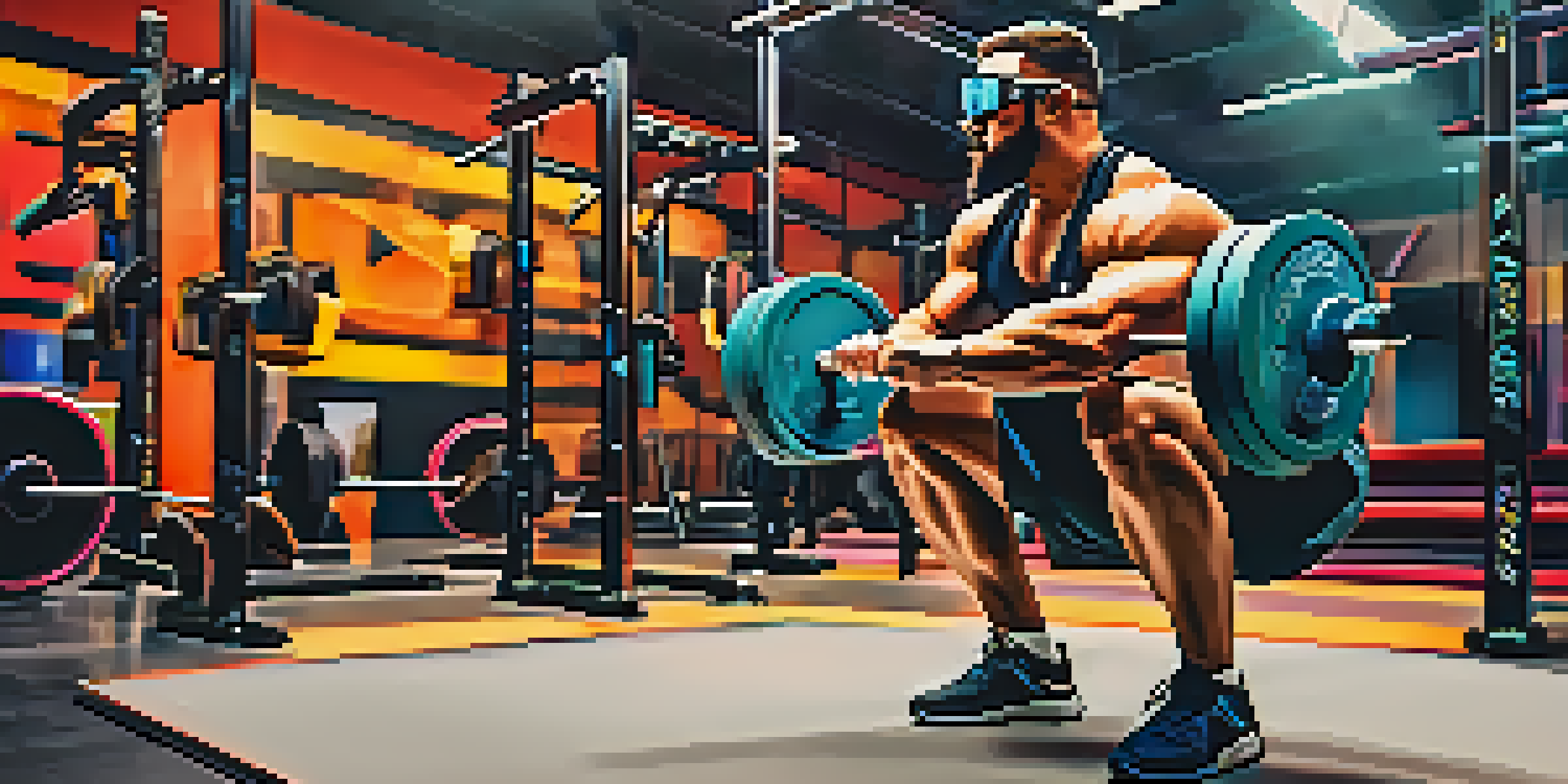 A powerlifter in a gym with augmented reality glasses, receiving digital feedback on their squat form.