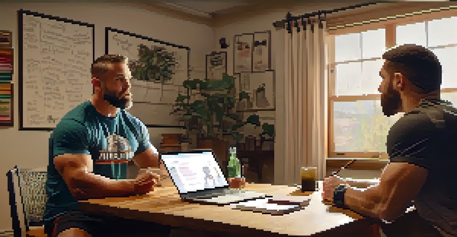 A powerlifting coach and athlete having an engaging online session in a cozy home environment.