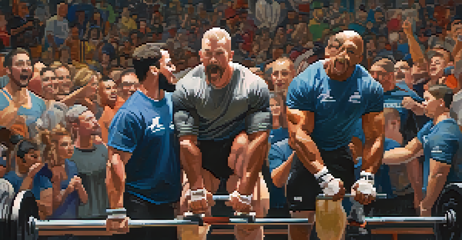 A lively powerlifting competition with athletes supporting each other and a coach motivating them, under bright stage lights.