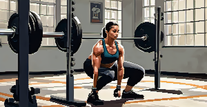 A muscular powerlifter in a gym, performing a squat with proper posture, feet shoulder-width apart, back straight, and core engaged.
