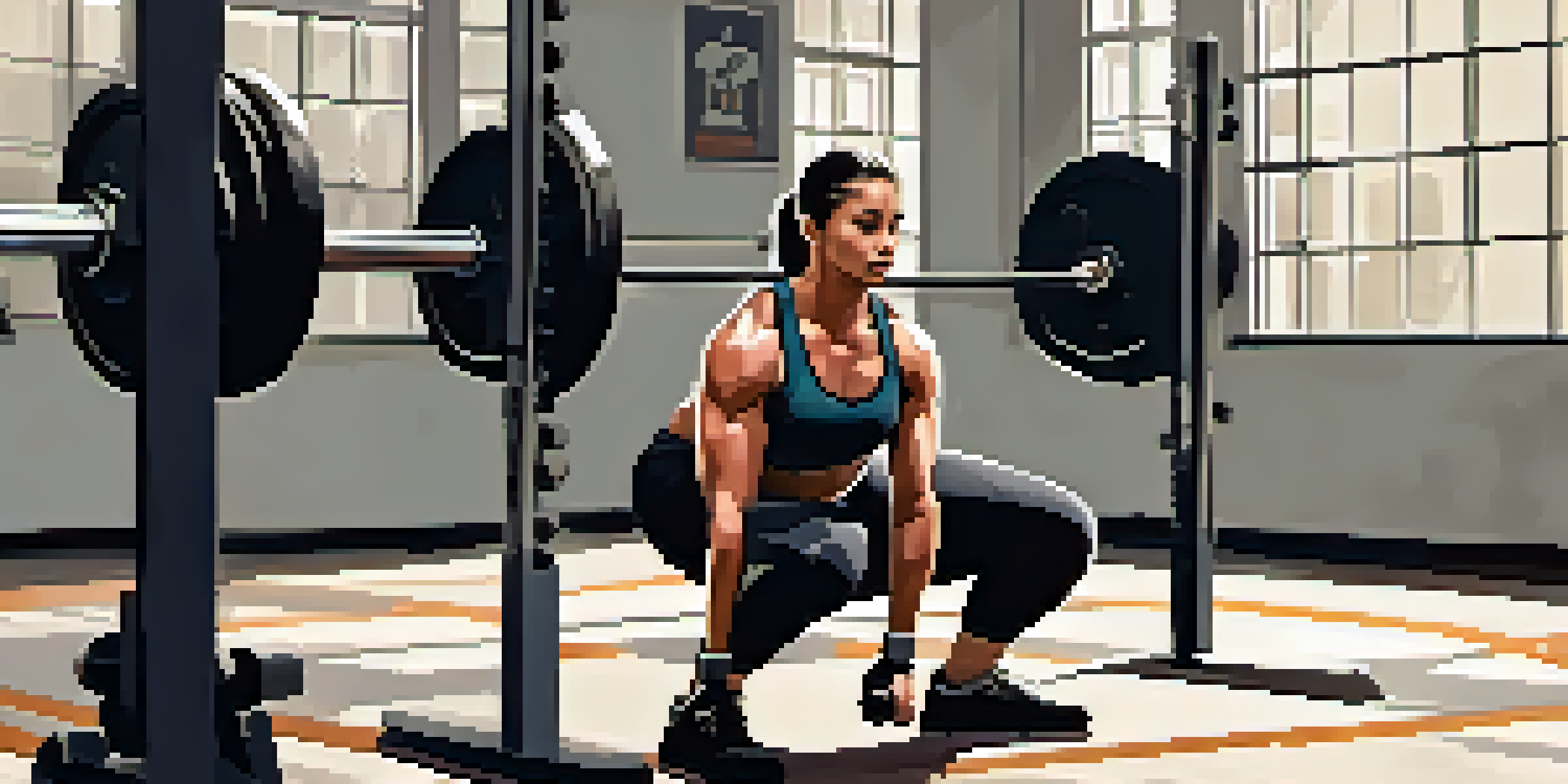 A muscular powerlifter in a gym, performing a squat with proper posture, feet shoulder-width apart, back straight, and core engaged.