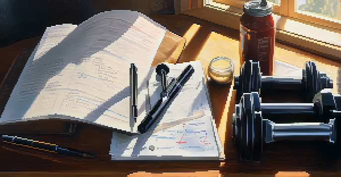 A powerlifting planner on a wooden table surrounded by weights and a protein shake, with sunlight casting soft shadows.