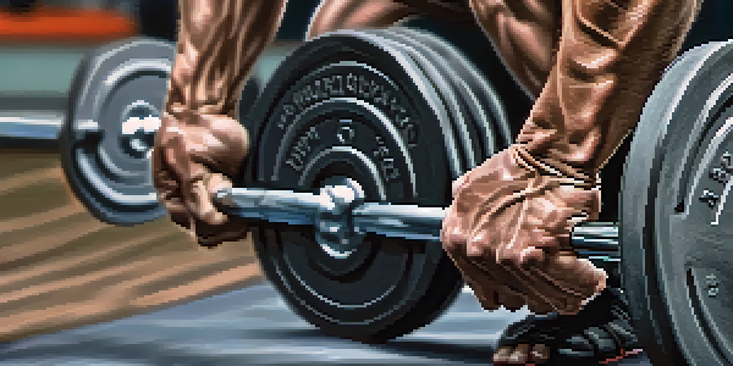 A close-up of a weightlifter's hands gripping a heavy barbell, showcasing the muscle definition and texture.