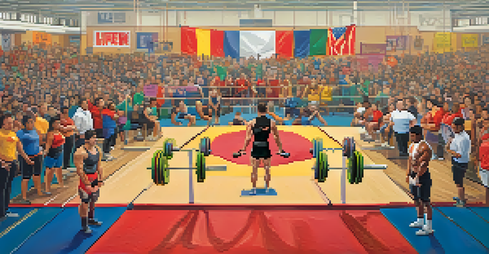 A lively gym environment during a powerlifting competition with diverse lifters and enthusiastic spectators.