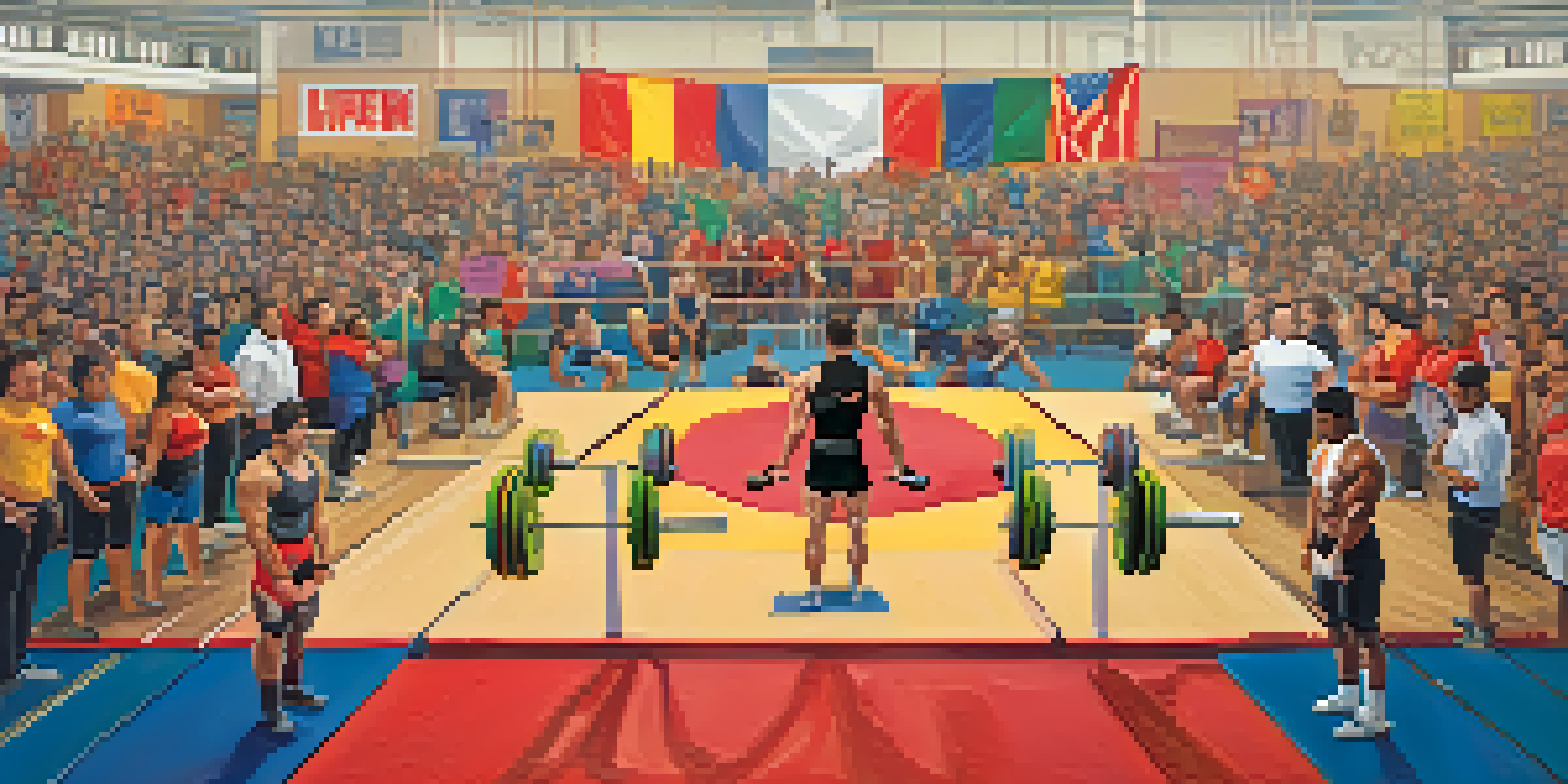 A lively gym environment during a powerlifting competition with diverse lifters and enthusiastic spectators.