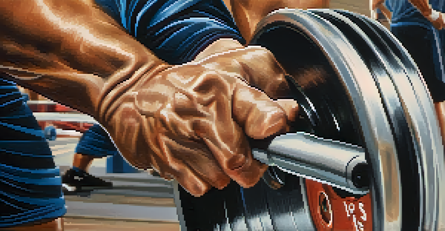 A close-up of a powerlifter's hands gripping a barbell, emphasizing strength and determination.