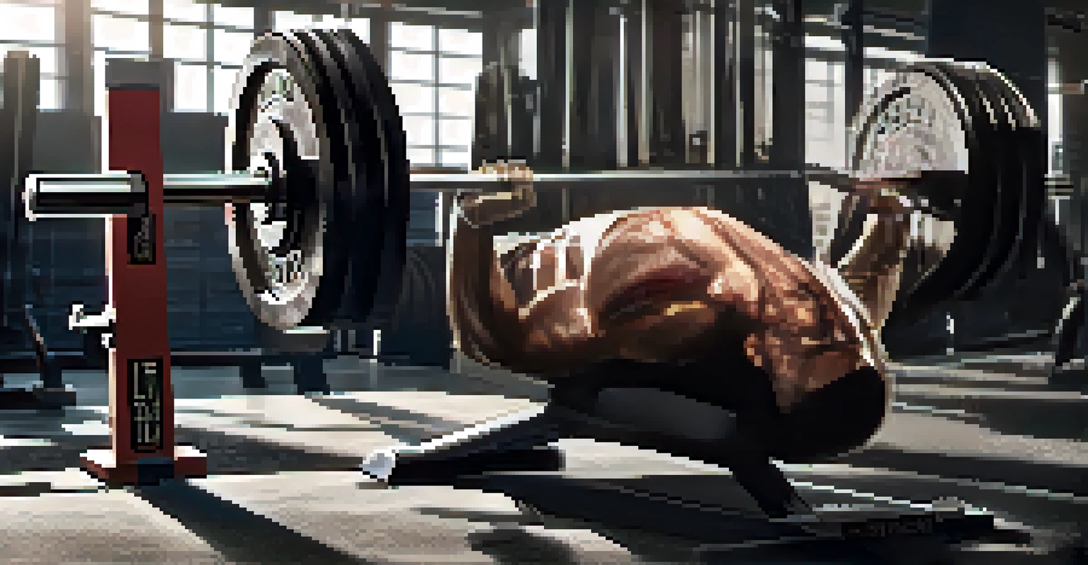 A close-up view of a powerlifter bench pressing a heavy barbell, with an intense expression and a blurred gym background.