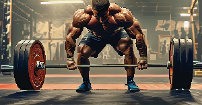 A powerlifter concentrating while lifting a heavy barbell in a gym setting, with visible muscles and gym equipment in the background.