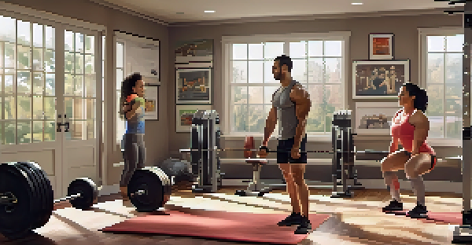 A family of four working out together in a bright home gym, surrounded by weights and motivational posters, radiating teamwork and support.