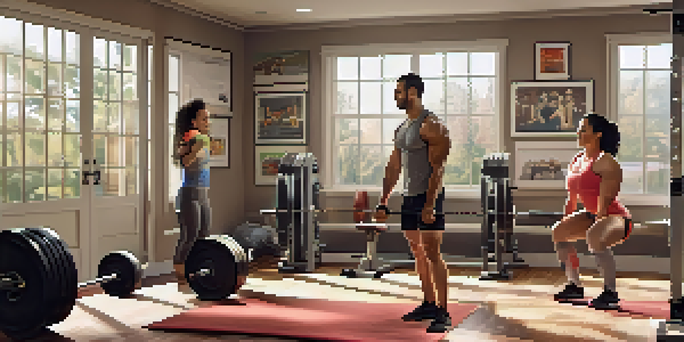 A family of four working out together in a bright home gym, surrounded by weights and motivational posters, radiating teamwork and support.