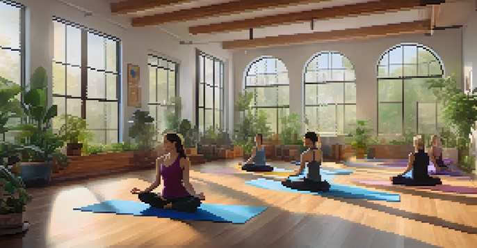 A diverse group of individuals practicing yoga in a well-lit studio filled with indoor plants and colorful mats.