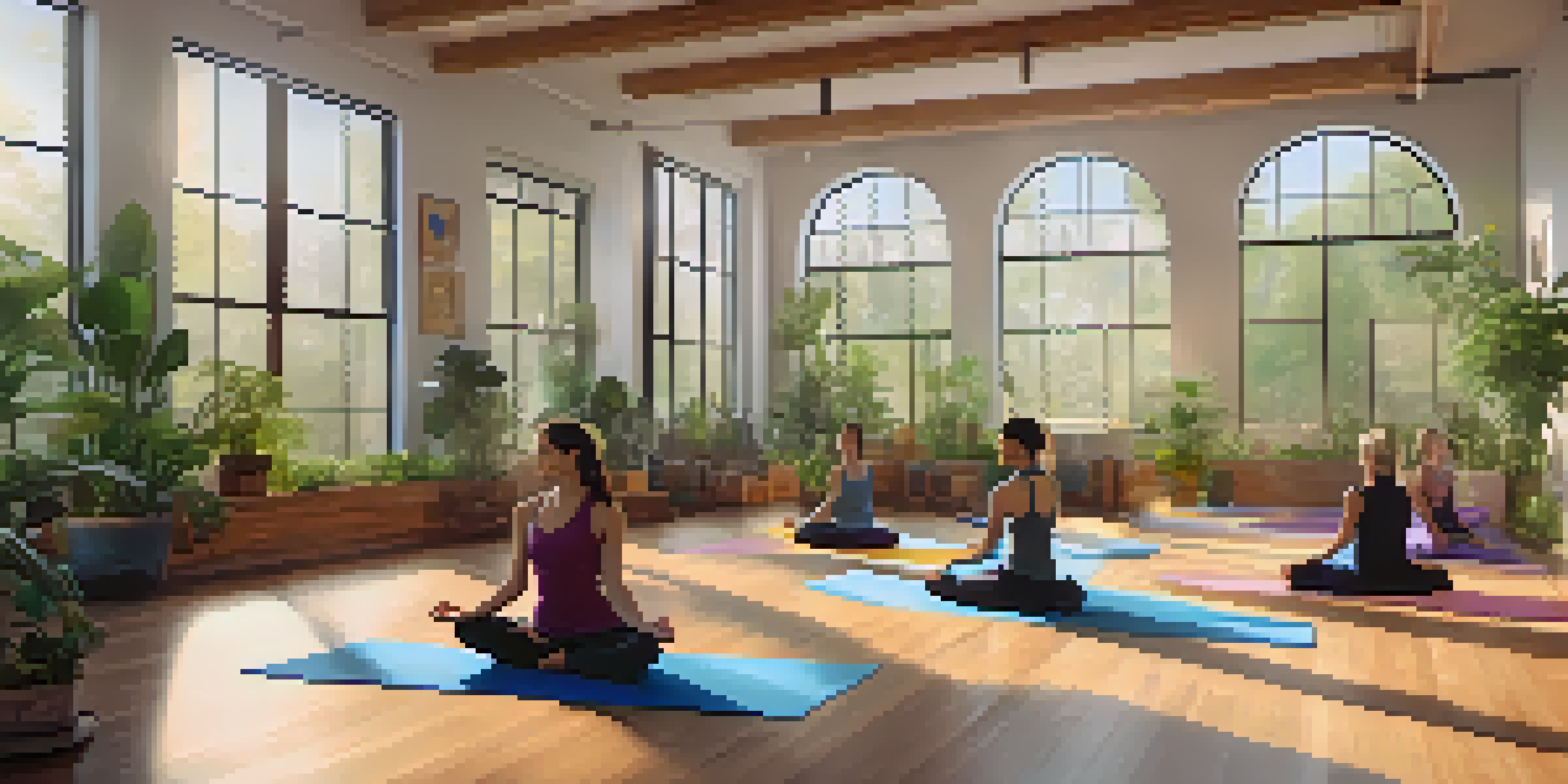 A diverse group of individuals practicing yoga in a well-lit studio filled with indoor plants and colorful mats.