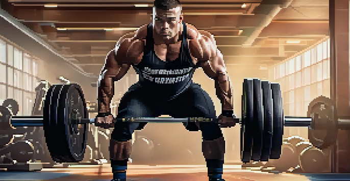A muscular powerlifter squatting in a bright gym, showcasing concentration and strength, with gym equipment in the background.