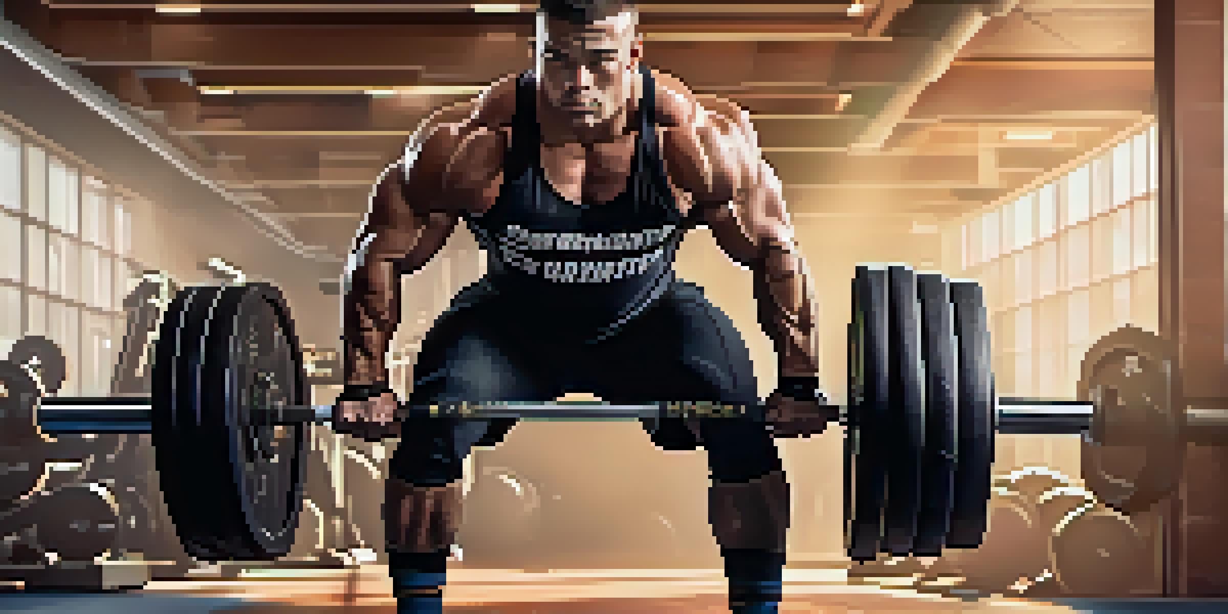 A muscular powerlifter squatting in a bright gym, showcasing concentration and strength, with gym equipment in the background.