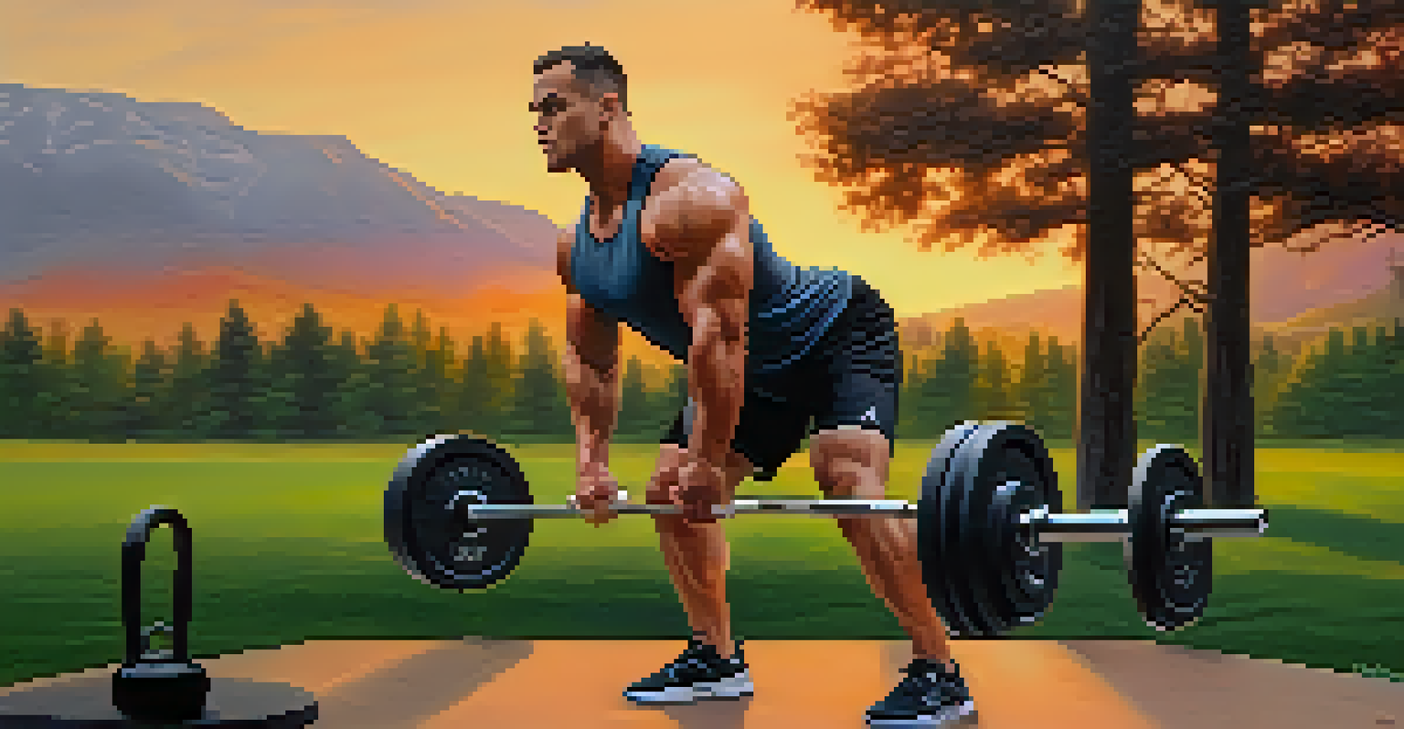 A powerlifter performing single-leg deadlifts outdoors, balancing on one leg with a kettlebell in a natural setting.