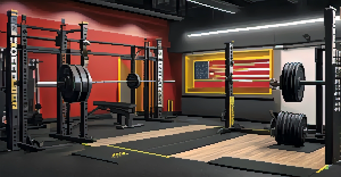 A focused powerlifter preparing to lift weights in a bright gym filled with motivational posters and equipment.