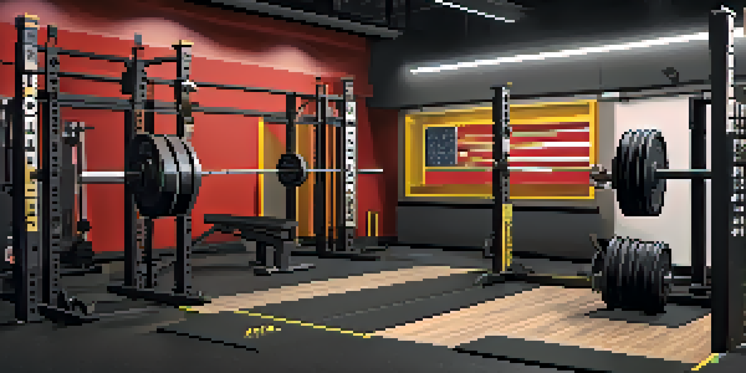 A focused powerlifter preparing to lift weights in a bright gym filled with motivational posters and equipment.