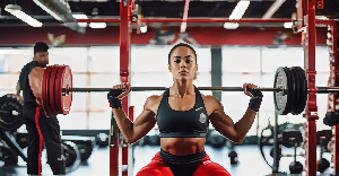A female powerlifter lifting weights with a determined expression in a bright gym, surrounded by supportive teammates.